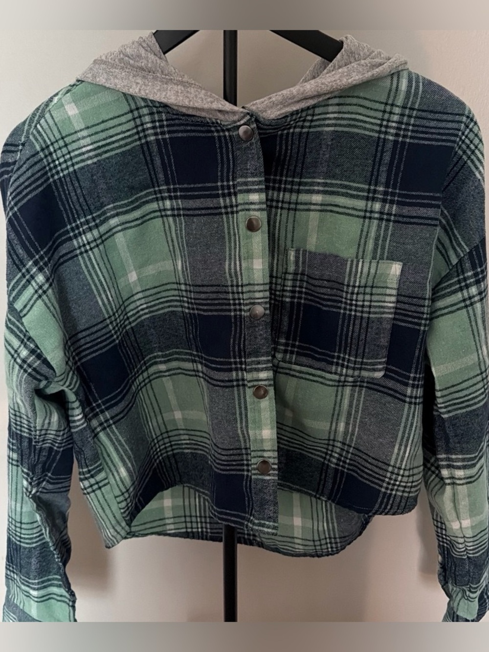 Green & Navy Plaid Hooded Snap-Front Shirt Jacket